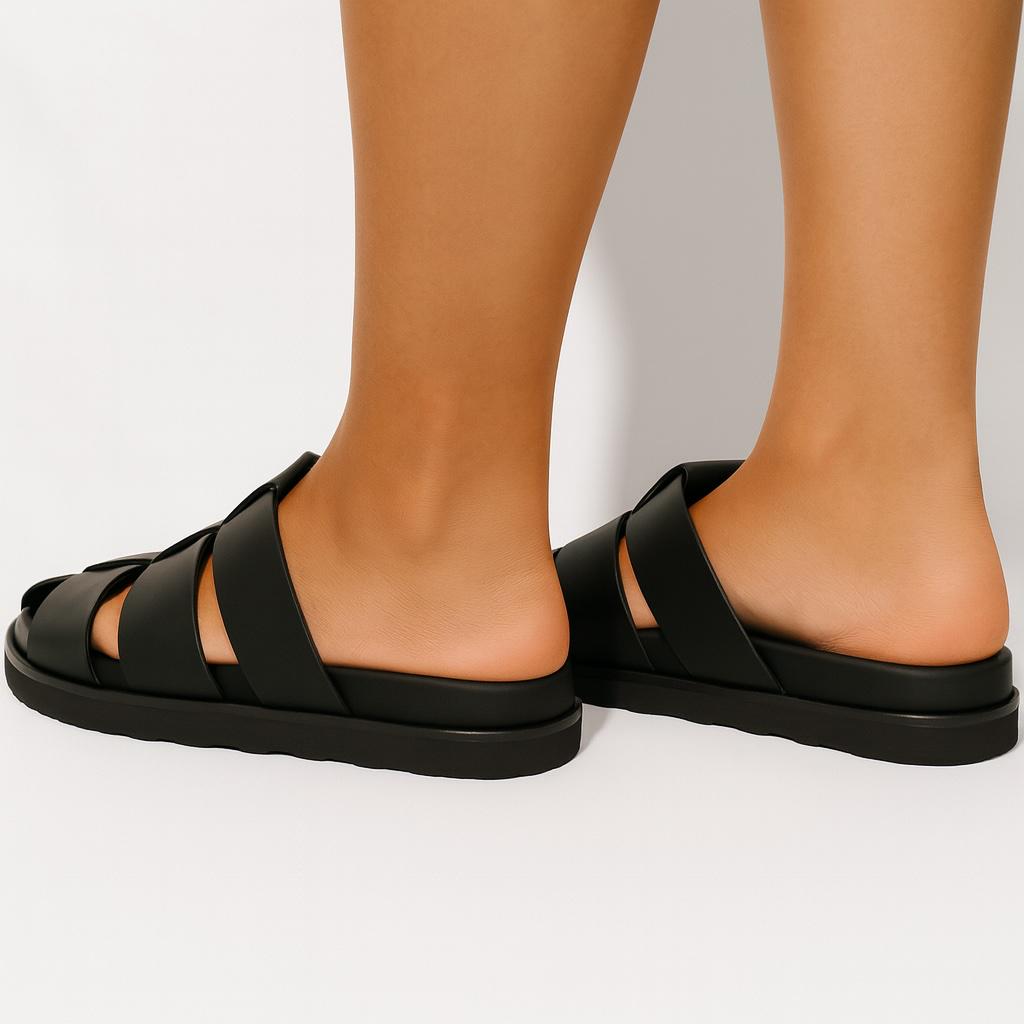 Black Leather Cutout Slide Sandals, Summer Beach Travel Open Toe Flat Sandals
