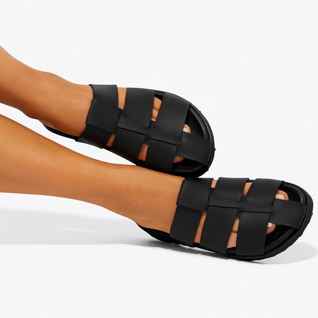 Black Leather Cutout Slide Sandals, Summer Beach Travel Open Toe Flat Sandals