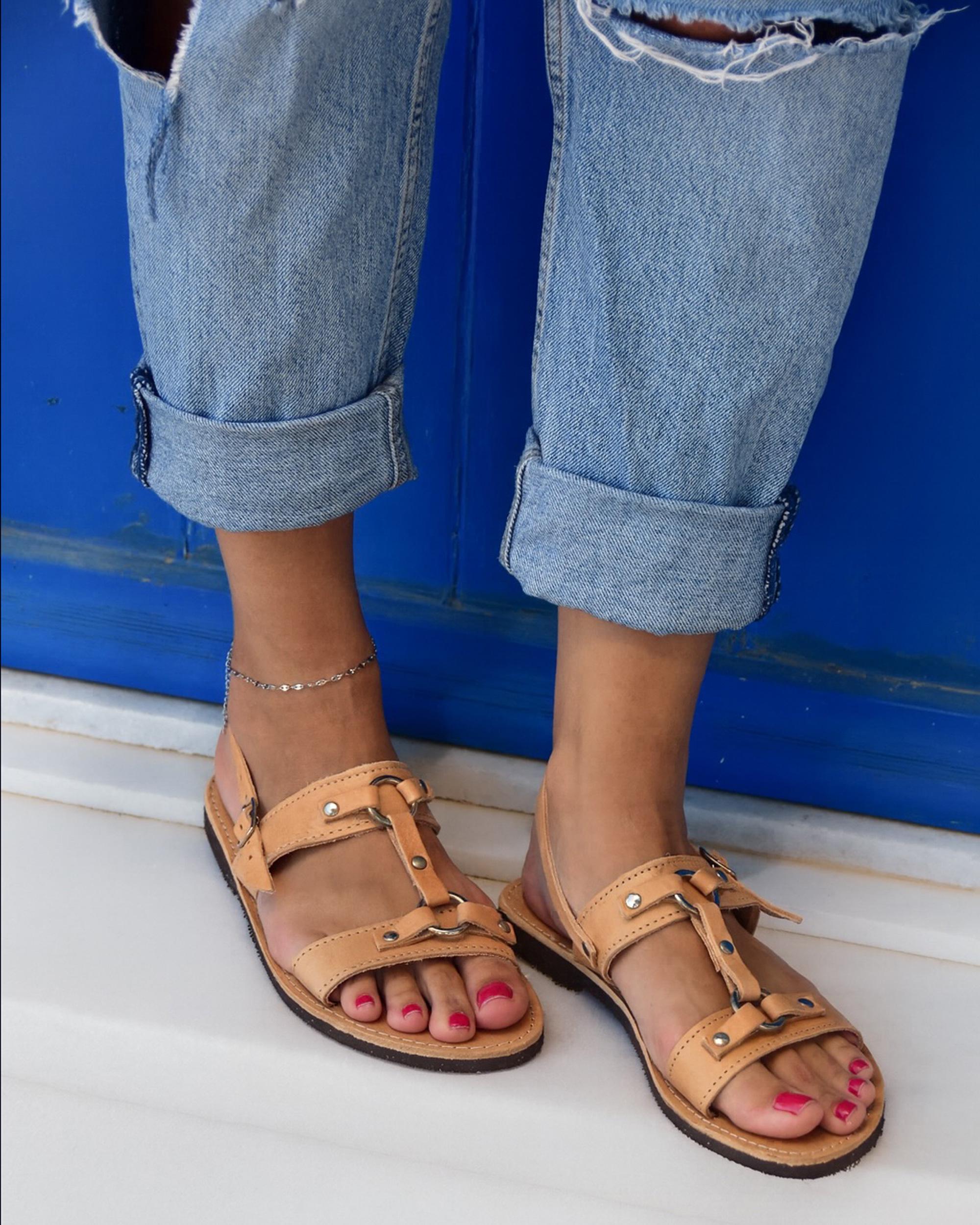 Tan Leather Double Buckle Studded Flat Sandals, Summer Beach Travel Open Toe Sandals